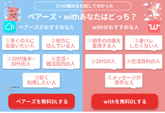 ペアーズ・withどっちがおすすめかの比較画像